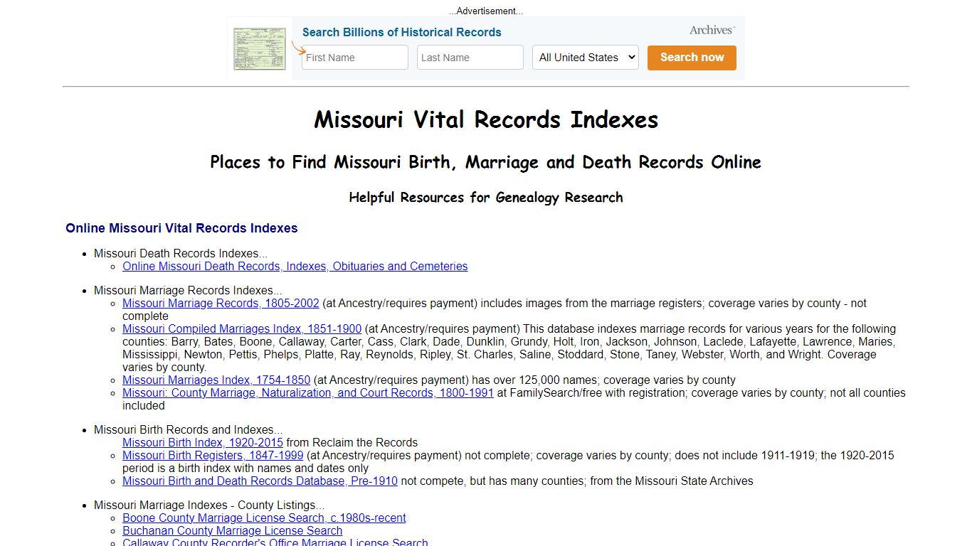Missouri Vital Records Indexes - Birth, Marriage & Death Records